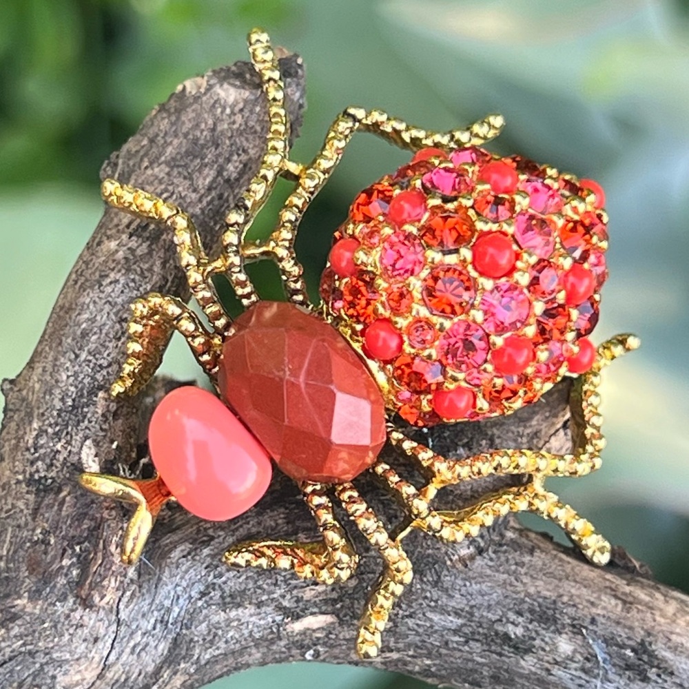 Vintage Joan Rivers Spider Brooch Coral Cabochons & Swarovski Crystals